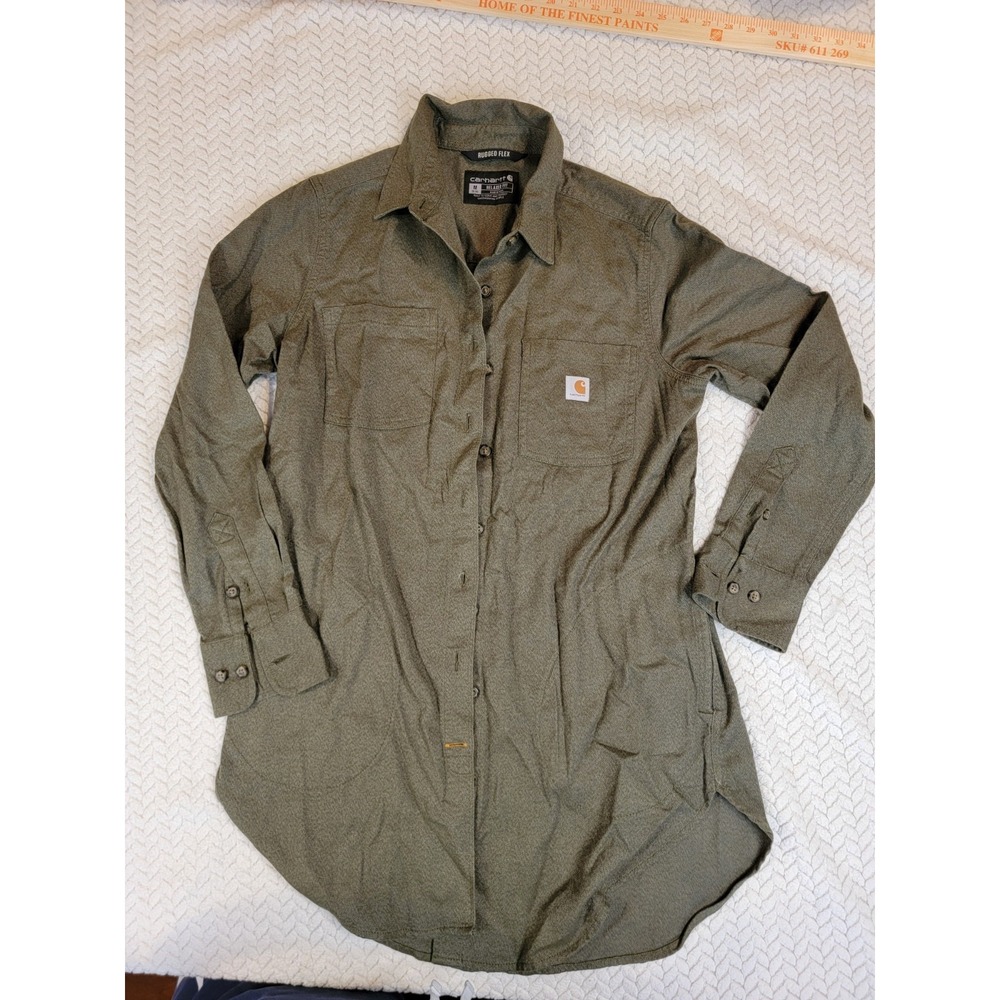 Carhartt Rugged Flex Relaxed Fit Hand Pockets Flannel Long-Sleeve Womens M Green